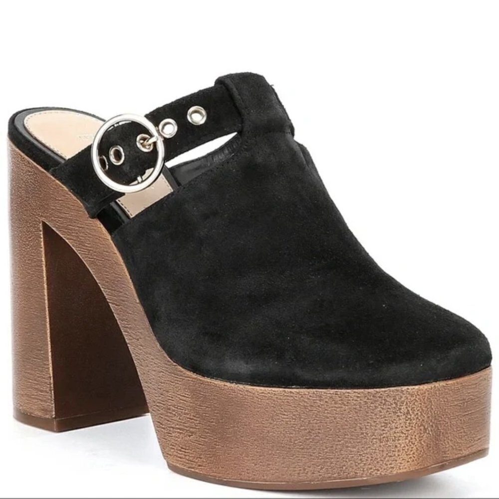 Gianni Bini Sotelo Buckle Detail Suede Platform Clogs in Black NEW